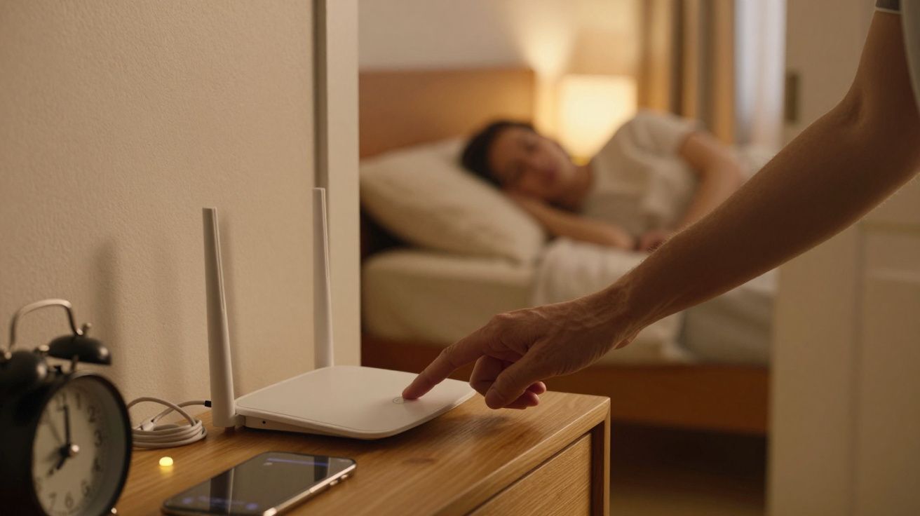 Osoba wyłącza router na stoliku nocnym, w tle śpiąca kobieta w łóżku.