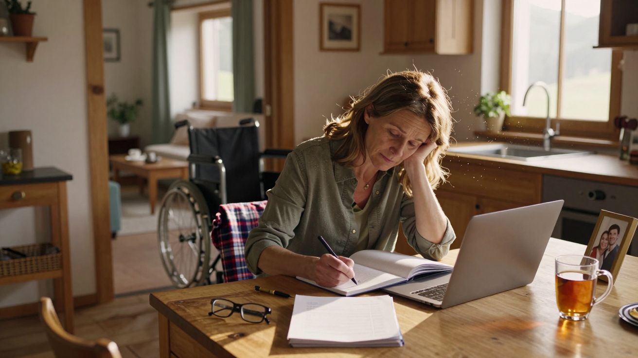 Kobieta pisząca notatki przy stole z laptopem i szklanką herbaty, obok widać wózek inwalidzki.