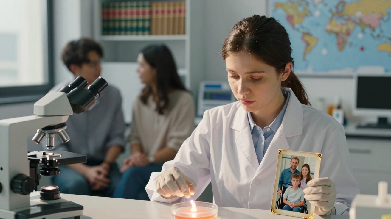 Młoda badaczka w laboratorium trzyma zdjęcie rodziny, prowadząc eksperyment przy szalce Petriego.