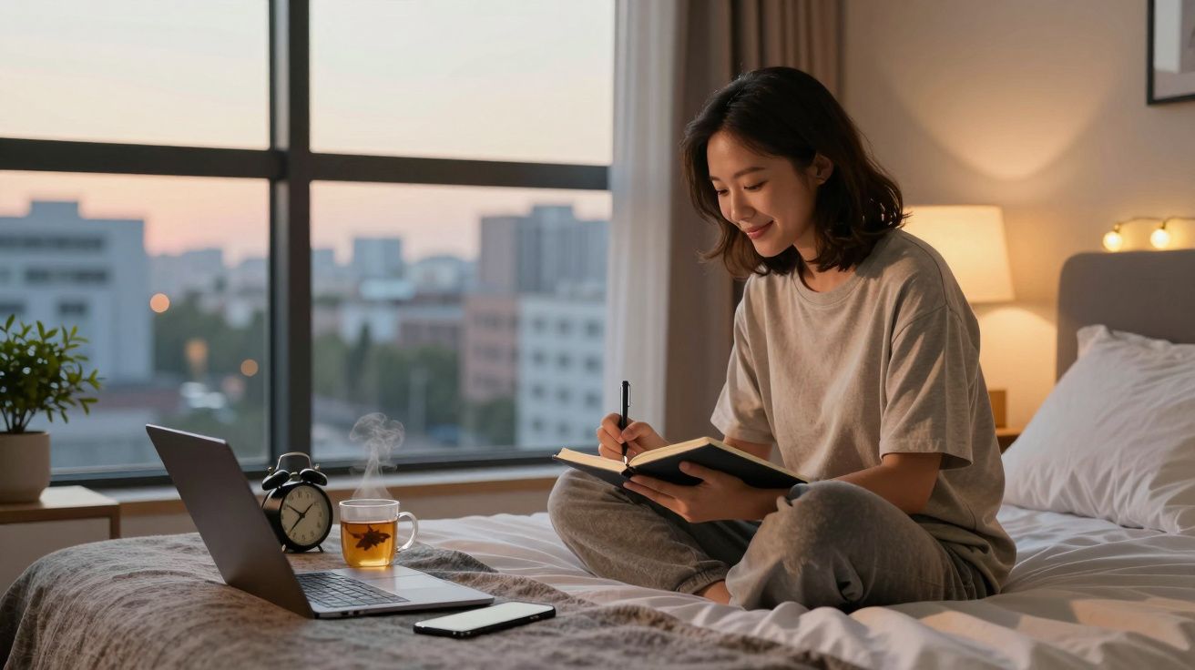 Młoda kobieta siedzi na łóżku wieczorem, pisząc w notesie, obok laptop, herbata i telefon.