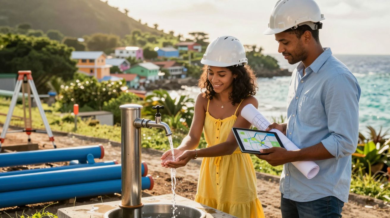 Dwoje inżynierów w kaskach ochronnych sprawdza działający kran z wodą na tle morza i domów.