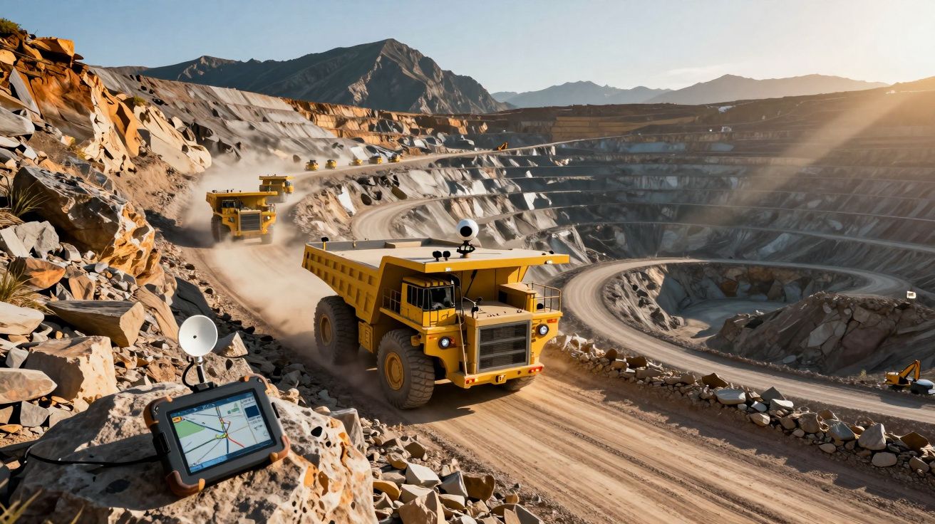 Kamieniołom z ogromnymi żółtymi ciężarówkami i urządzeniem śledzącym na skale w słoneczny dzień.