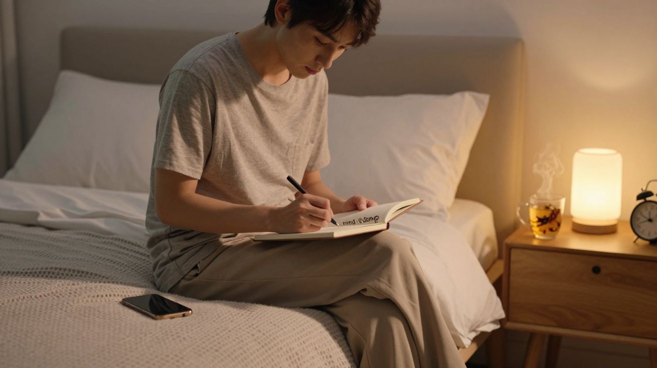 Mężczyzna siedzi na łóżku i pisze w notesie, obok lampka, budzik i herbata na stoliku nocnym.