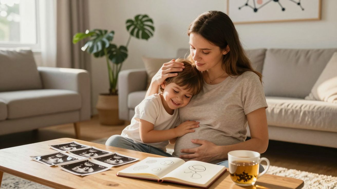 Uśmiechnięta ciężarna kobieta i chłopiec przytulający się w salonie z zdjęciami USG na stole.
